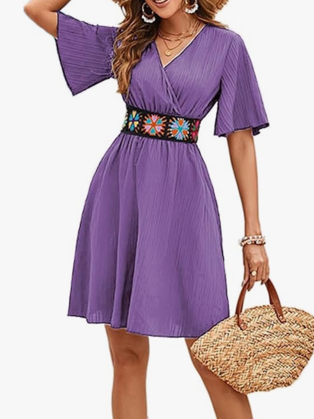 Flutter Sleeve V-Neck Purple Dress with Embroidered Waist